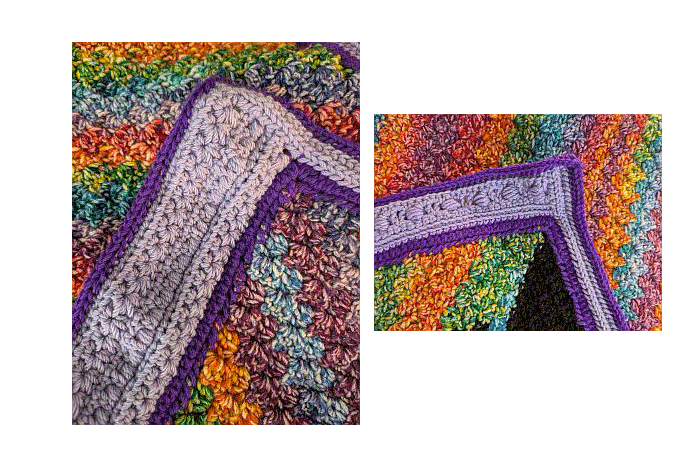Close-up views of the lavender and purple crochet border and colorful corner-to-corner stitches