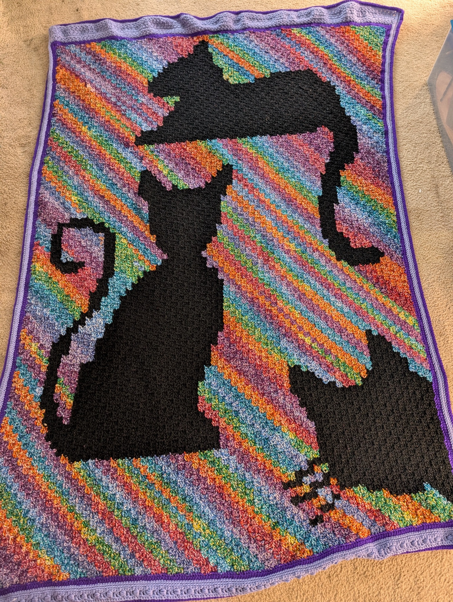 Colorful corner-to-corner crochet blanket with four black cat silhouettes and a purple border