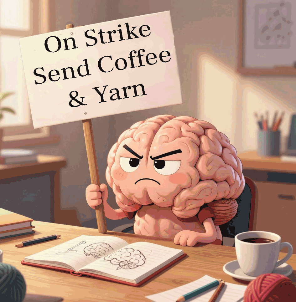 An angry cartoon brain holding an On Strike, Send Coffee and Yarn sign