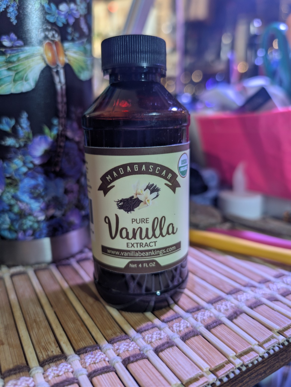 A bottle of Madagascar pure vanilla extract on the kitchen counter