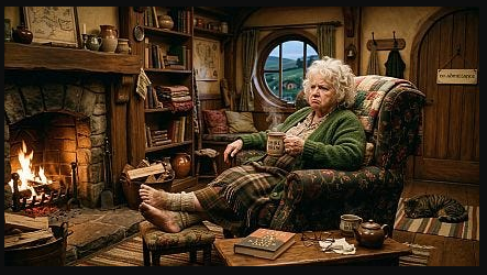 A cranky older Hobbit resting with bare feet by a cozy hearth in a round-doored home